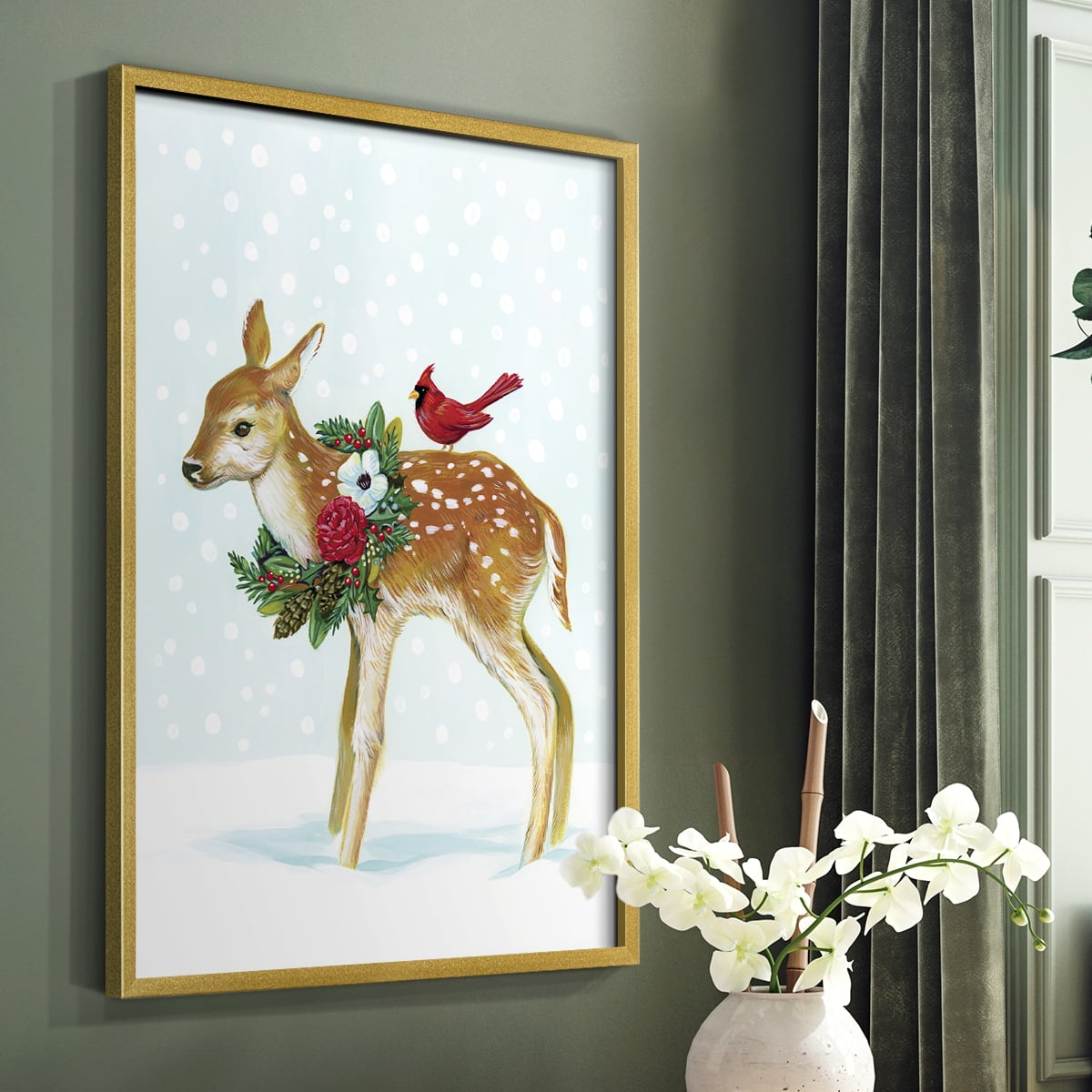 Winter Woodland Creatures with Cardinals II Framed Print - Solid Wood in Single Picture Frame Solid Wood 2 Framed Print