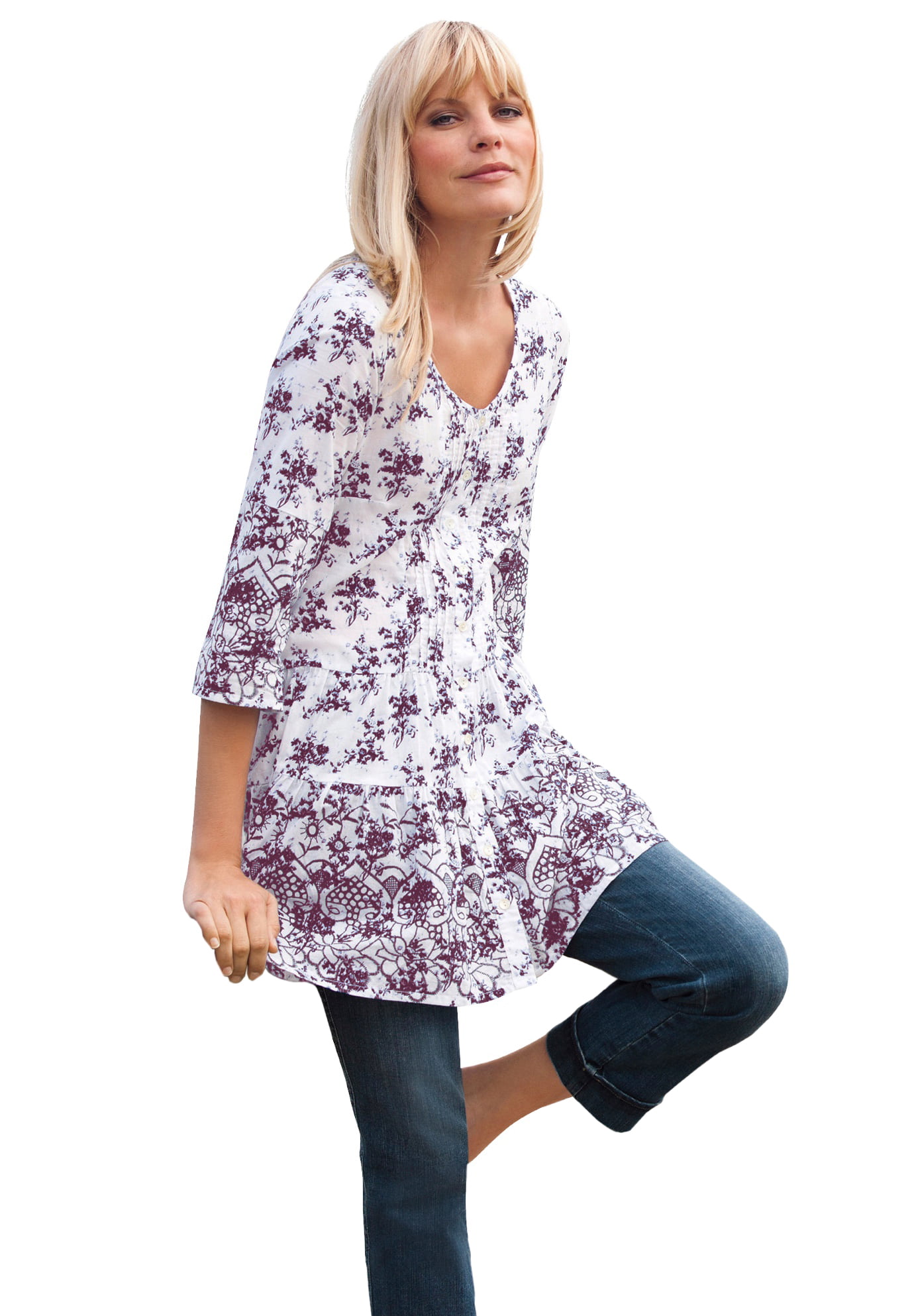 Tiered Floral 3/4 Sleeve Tunic Tunic ...
