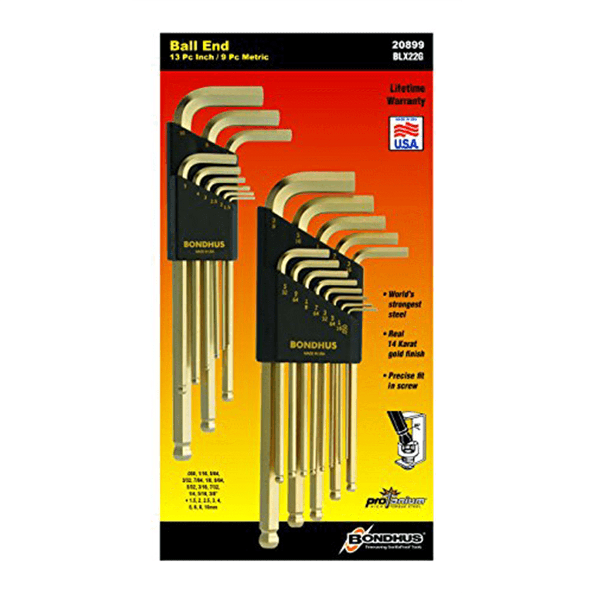 Bondhus 20899 13 Piece Fractional & 9 Piece Metric Hex Ball End