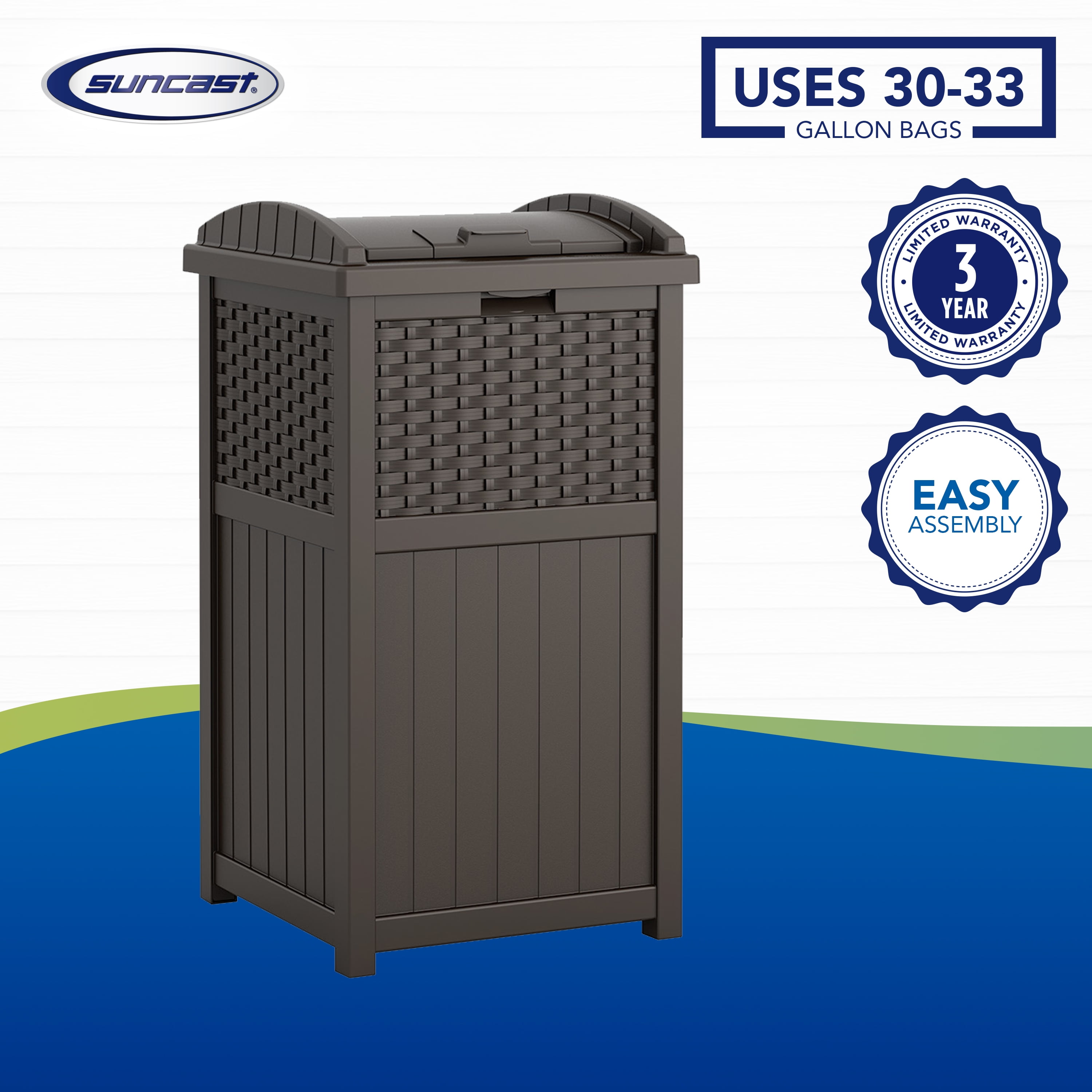 SuncastSuncast 33 Gallon Hideaway Can Resin Outdoor Trash with Lid,  33-Gallon, Brown & Ultrasac Black Large Heavy Duty Drawstring Trash Bags 33  Gallon