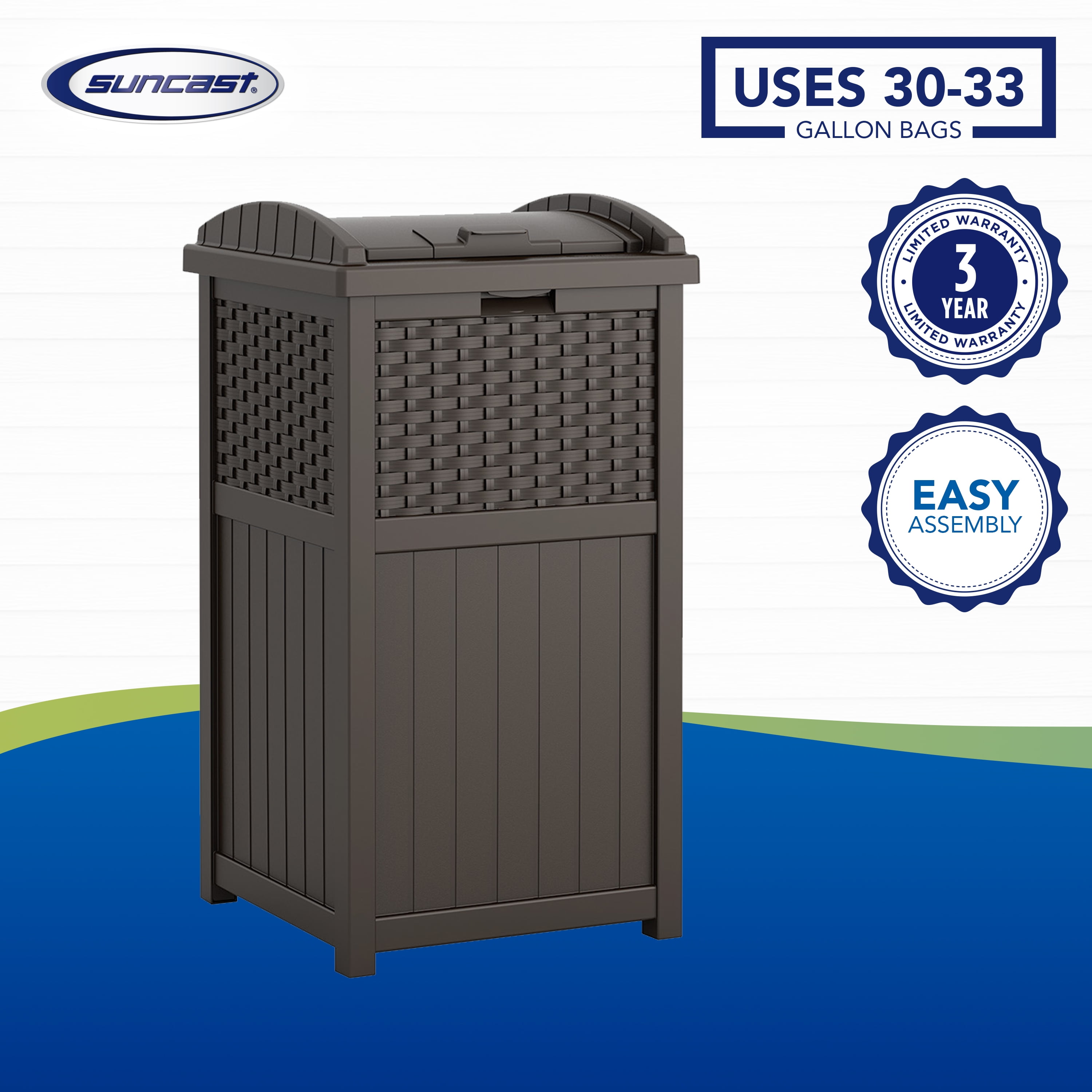 Suncast 33 Gallon Resin Outdoor Hideaway Patio Trash Can, Cyberspace Grey