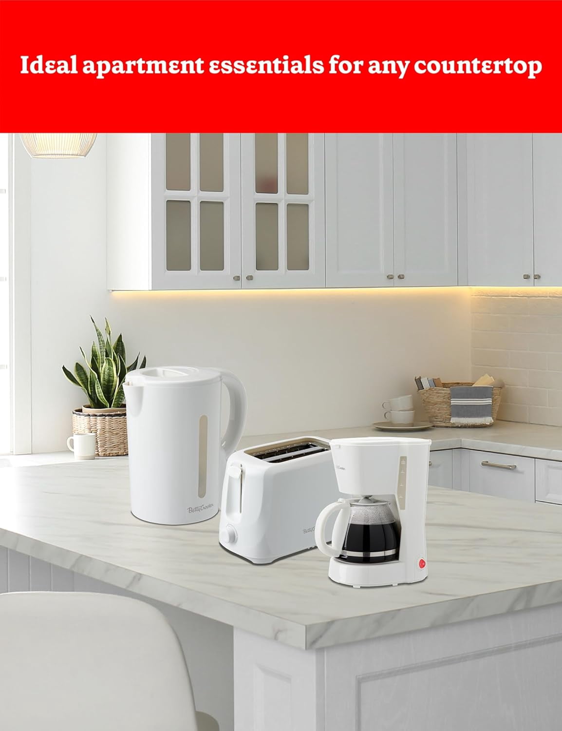 Betty Crocker 3-Piece Kitchen Appliances Set: 5-Cup Automatic Drip Coffee Maker, 1.7L Electric Kettle & 2-Slice Toaster, STRIX Technology Kettle, Cool Wall Housing, BC-4995W, White