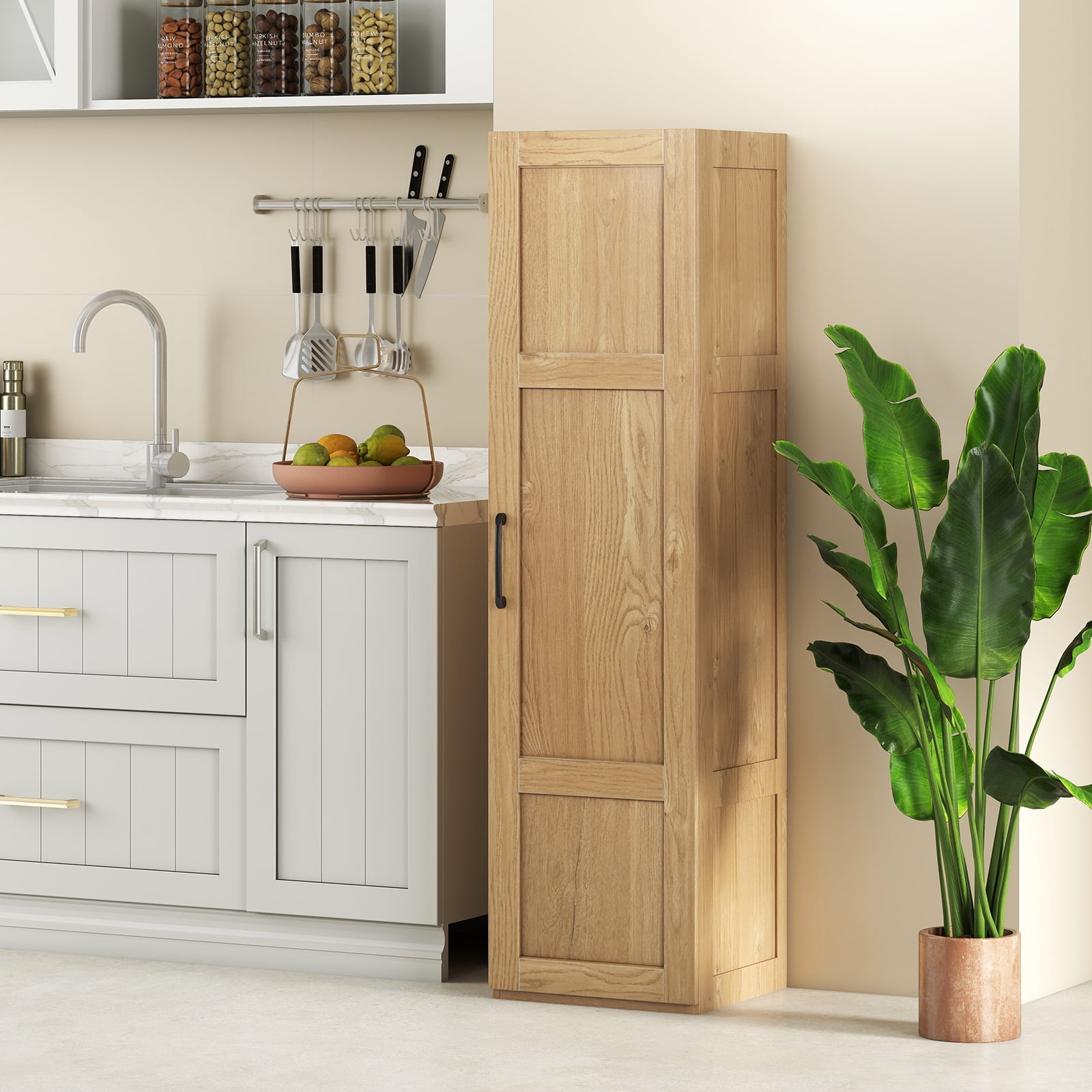 Gymax Tall Storage Cabinet Narrow Farmhouse Freestanding Floor Cabinet w/ 4 Shelves Natural