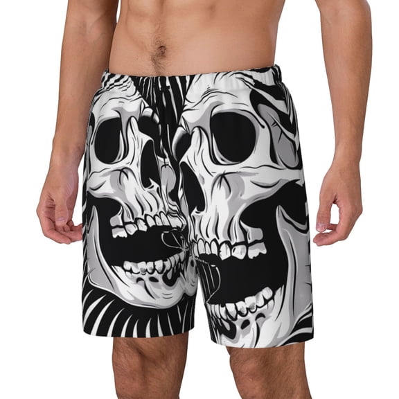 Naloa Psychedelic Skull Illusion Art Print Men Swim Trunks with Compression Liner ,Board Shorts,Men's Swim Shorts with Drawstring and Elastic Waistband-Small