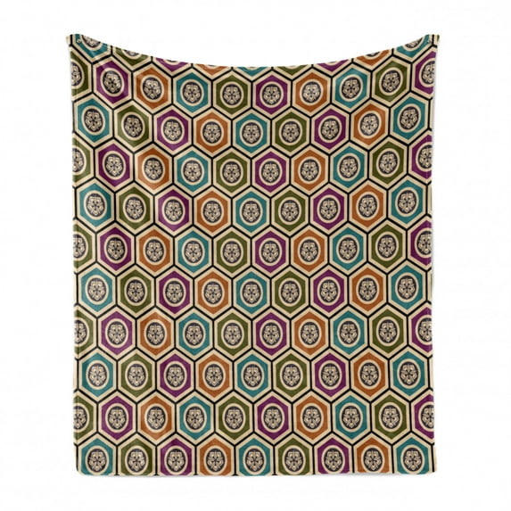 Geometrical Soft Flannel Fleece Throw Blanket, Japanese Flowers Pattern Inside Colorful Hexagons Shapes in Periodic Design, Cozy Plush for Indoor and Outdoor Use, 50" x 70", Multicolor, by Ambesonne