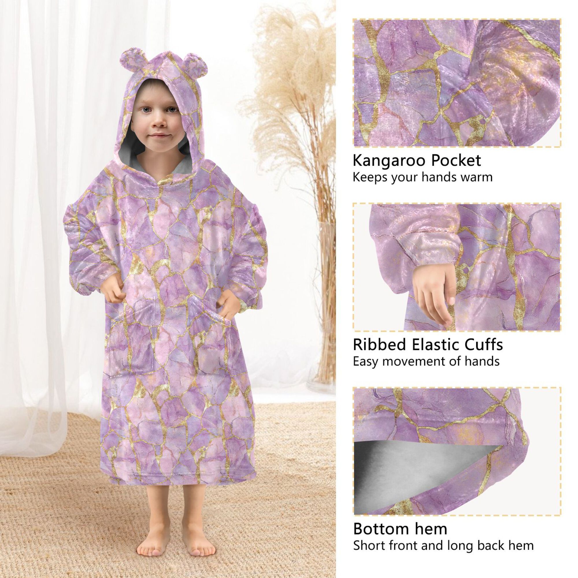 FORMRS Wearable Blanket Hoodie with Sleeves for Kids Cozy Flannel Sweatshirt, Pastel Pink Marble Pattern