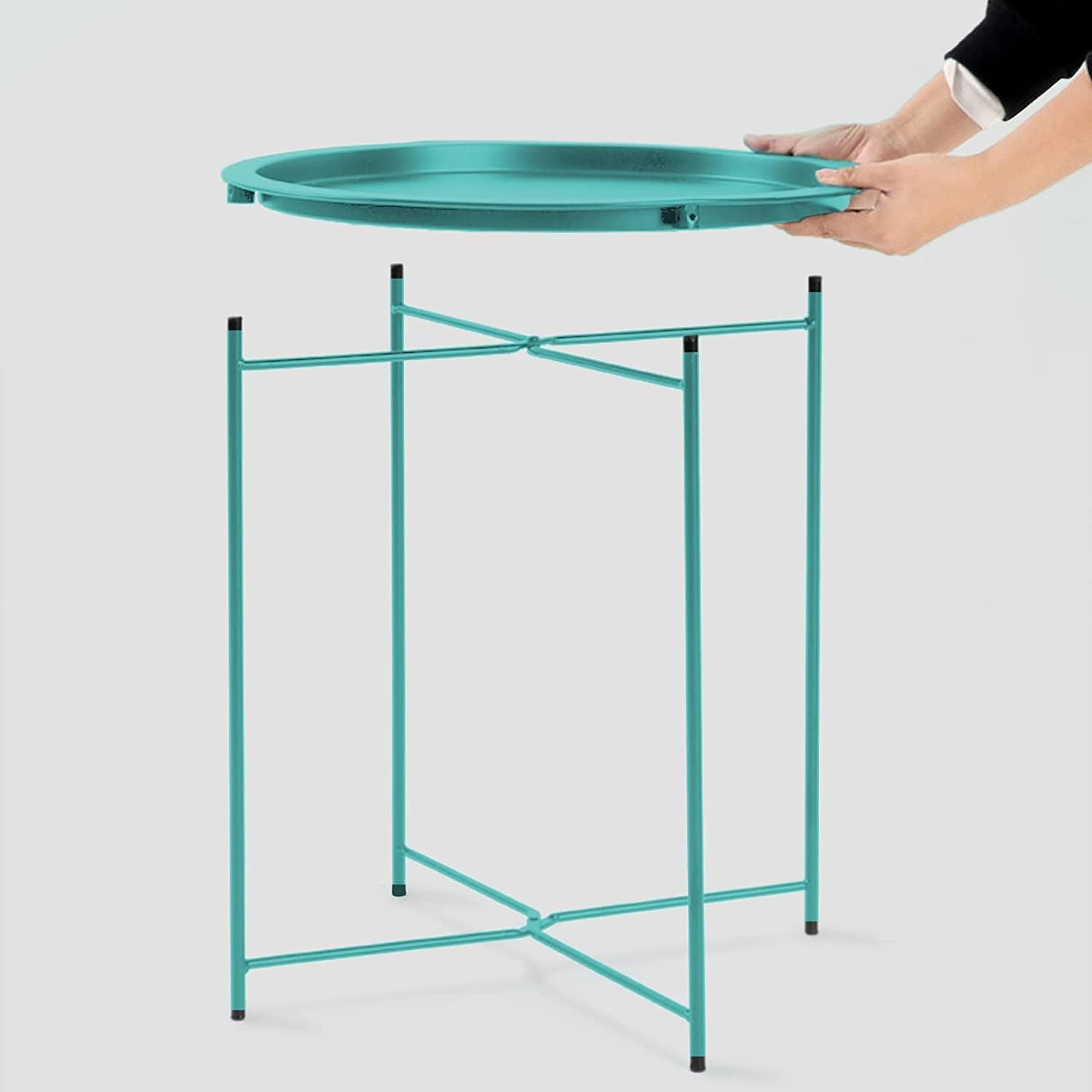 Folding Tray Metal Side Table 2PC Green Round End Table Cyan Sofa Small Accent Fold-able Table, Round End Table Tray, Next to Sofa Table, Snack Table for Living Room and Bed Room