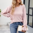 thumbnail image 6 of AXXD Pink Basic Tops for Women Sexy Casual Summer 2024 Solid Round Neck Loose T-shirt With Ruffled Long Sleeve Trendy Top, 6 of 8