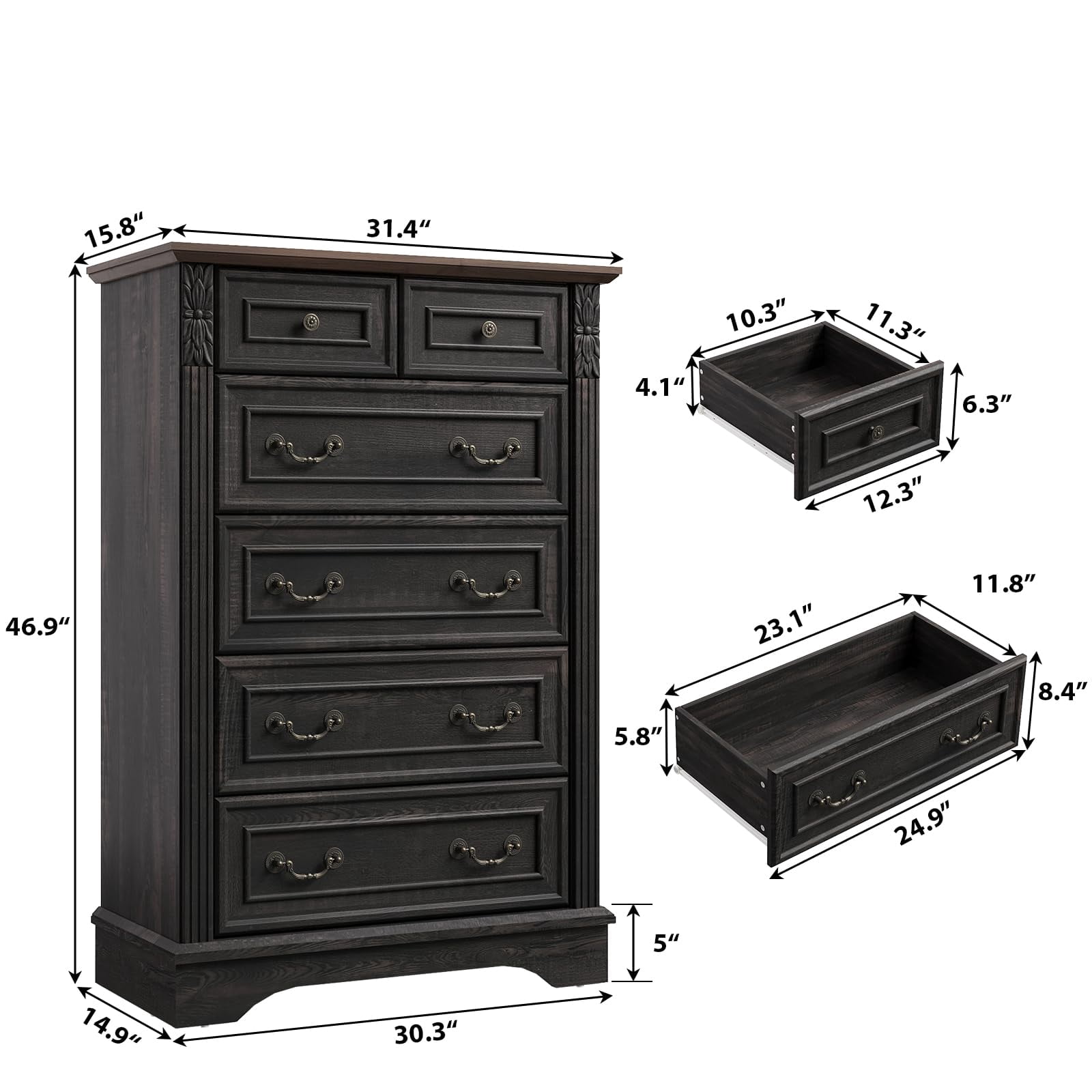 BOSHIRO 6-Drawer Carved Dresser for Bedroom, Tall Farmhouse Storage Chest with Antique Brass Handles, Black Finish
