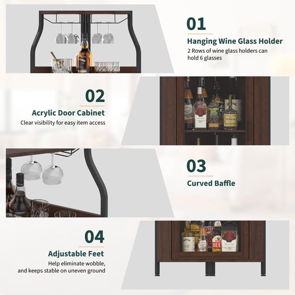 Bar esquinero de 5 niveles con acabado rústico y amplio espacio de almacenamiento, diseñado con puerta tipo granero, compartimentos multifuncionales y soporte para botellas y copas, color Tiger Wood