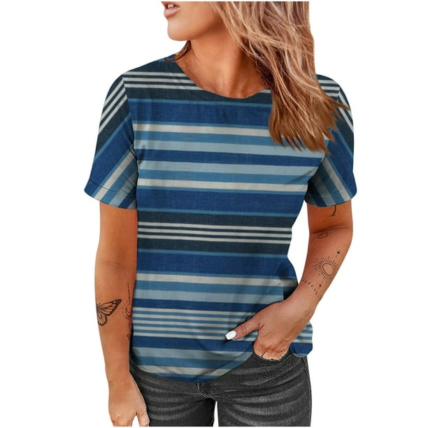 Blusa de manga corta con cuello redondo para mujer, con estampado de rayas, informal, con estampado Pompotops hkajfhjk464019