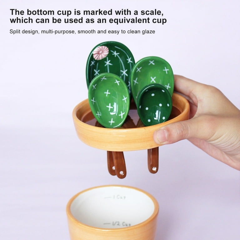 Ceramic Cactus Measuring Spoons set in pot organizer, 5 Pieces cute  measuring cups and spoons set for kitchen dry wet measuring Liquid food  salt and