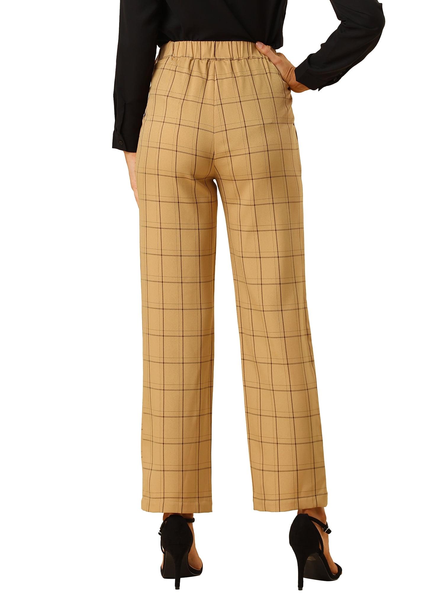 DARING DIVA Women's Plaid Trousers Pockets Straight Leg Casual Pant L Dark Khaki