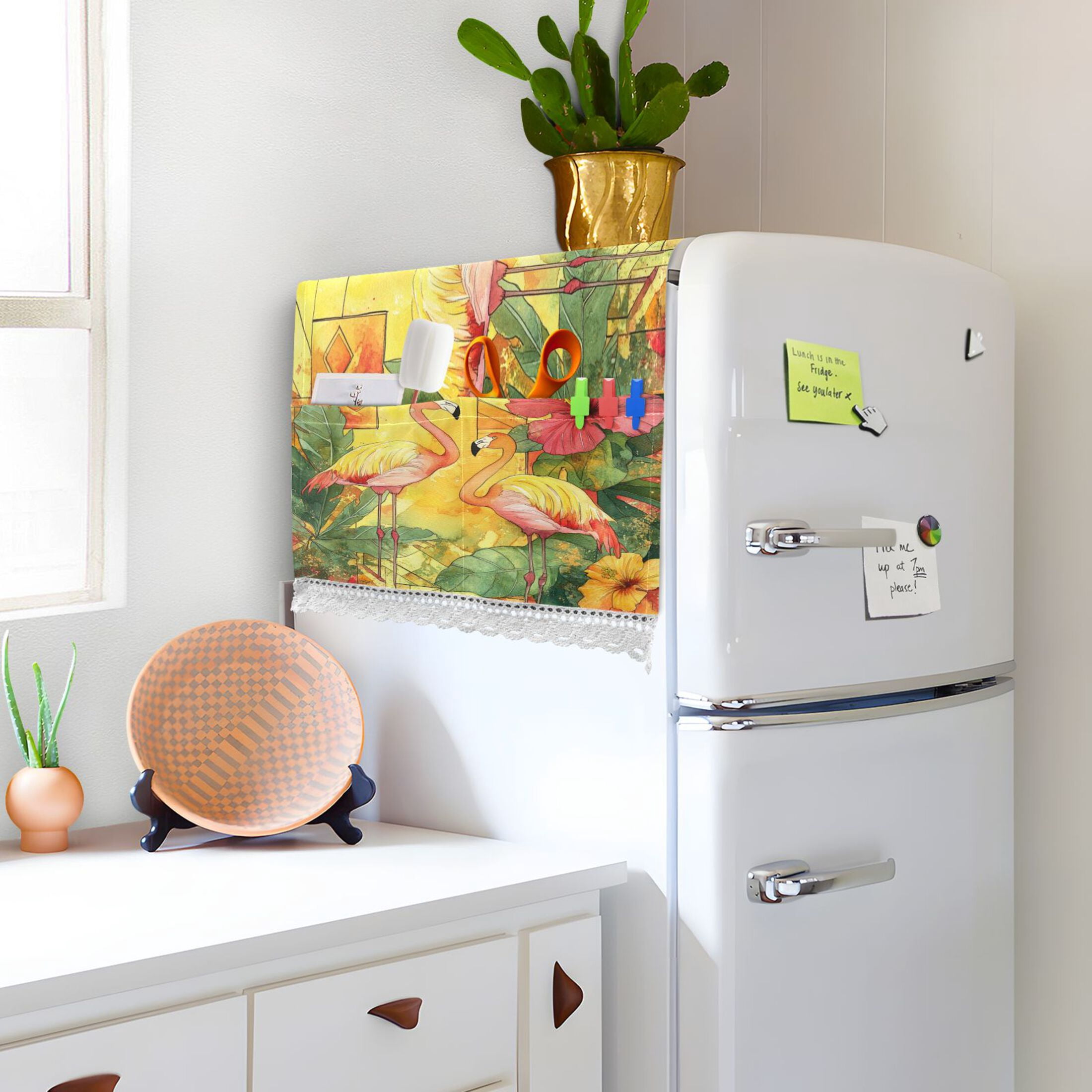 Washing Machine Cover 51.2x22in, Durable Polyester Dust Cover with Lace Trim and Side Pocket for Appliances Watercolor Flamingo