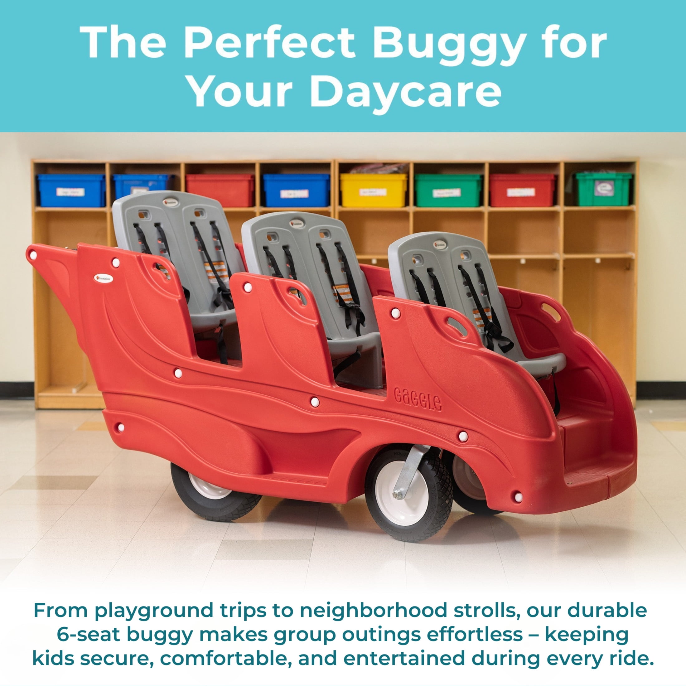 Foundations Gaggle Parade 6-Seat Buggy Stroller, Durable Multi-Child Daycare Stroller with Safety Harnesses, Red/Gray