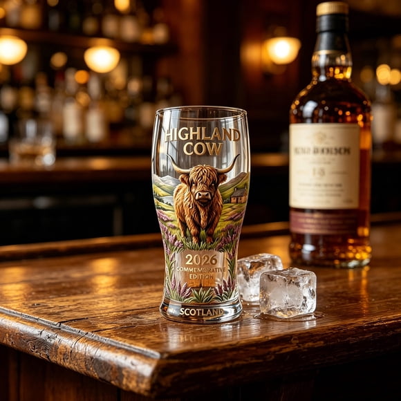 CaiYueKe Highland Cow Glass Beer Pint 2026 Commemorative Scotland Themed Drinking Glass with Scottish Highland Scene for Beer Whiskey Cocktail Souvenir Gift for Men Women Scotch Cow Decor Gift