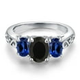 thumbnail image 3 of Gem Stone King 925 Sterling Silver Black Onyx and Blue Created Sapphire Filigree Style 3 Stone Ring for Women (2.80 Cttw, Oval 8X6MM and 6X4MM) (Size 9), 3 of 6