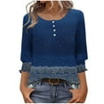 thumbnail image 2 of Womens Tops 3/4 Sleeves Printed Button-up T-shirt Round Neck Top Shirt Navy M,Tops for Women, 2 of 6