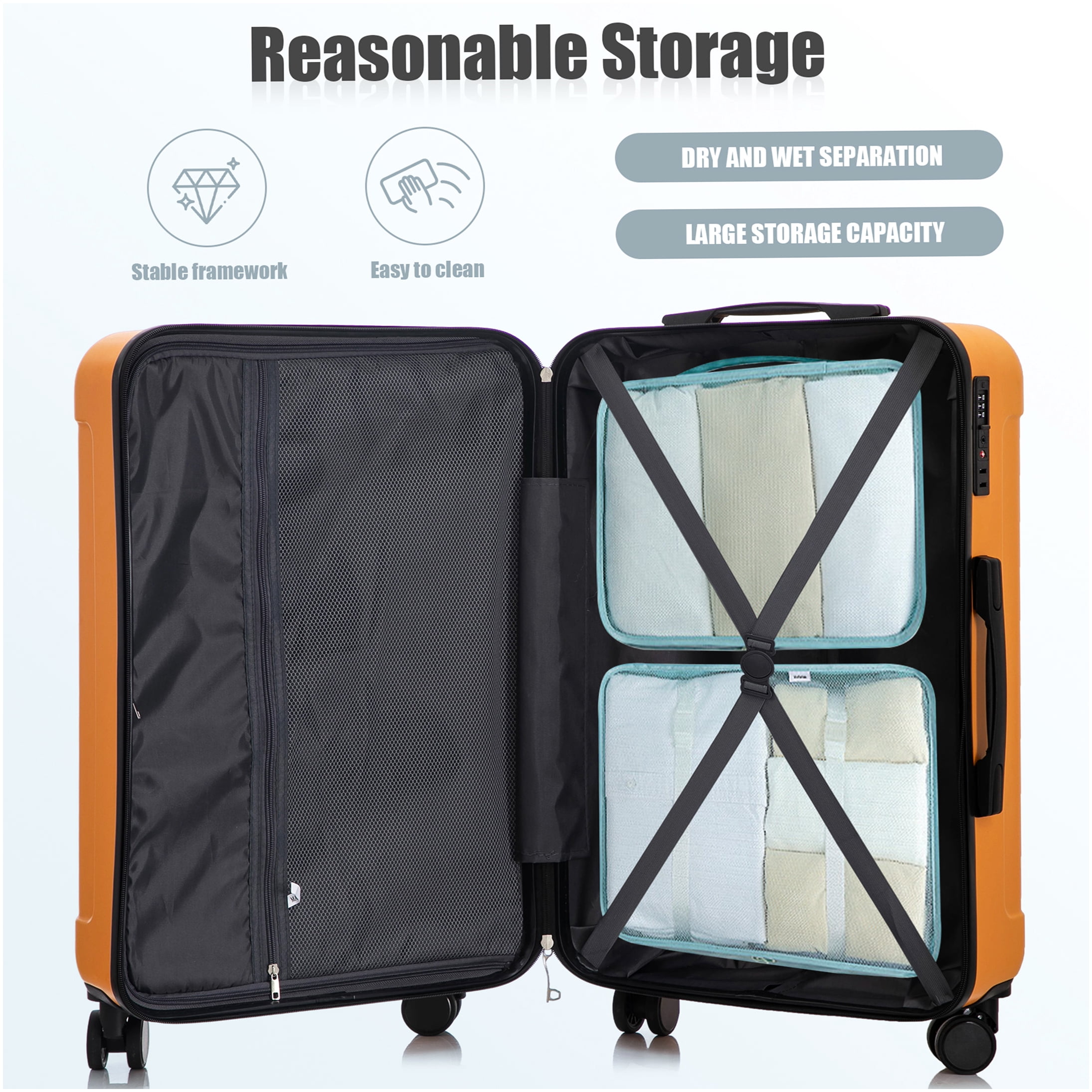 3-Piece ABS Spinner Luggage Set with TSA Lock, 20/24/28 Inch Carry On Suitcase, Black and Orange