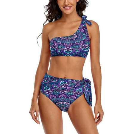 Mandala Purple One Shoulder Bowknot Swimsuit Two Piece Swimsuit Knot Crop Top Bikini High Waisted Bathing Suit