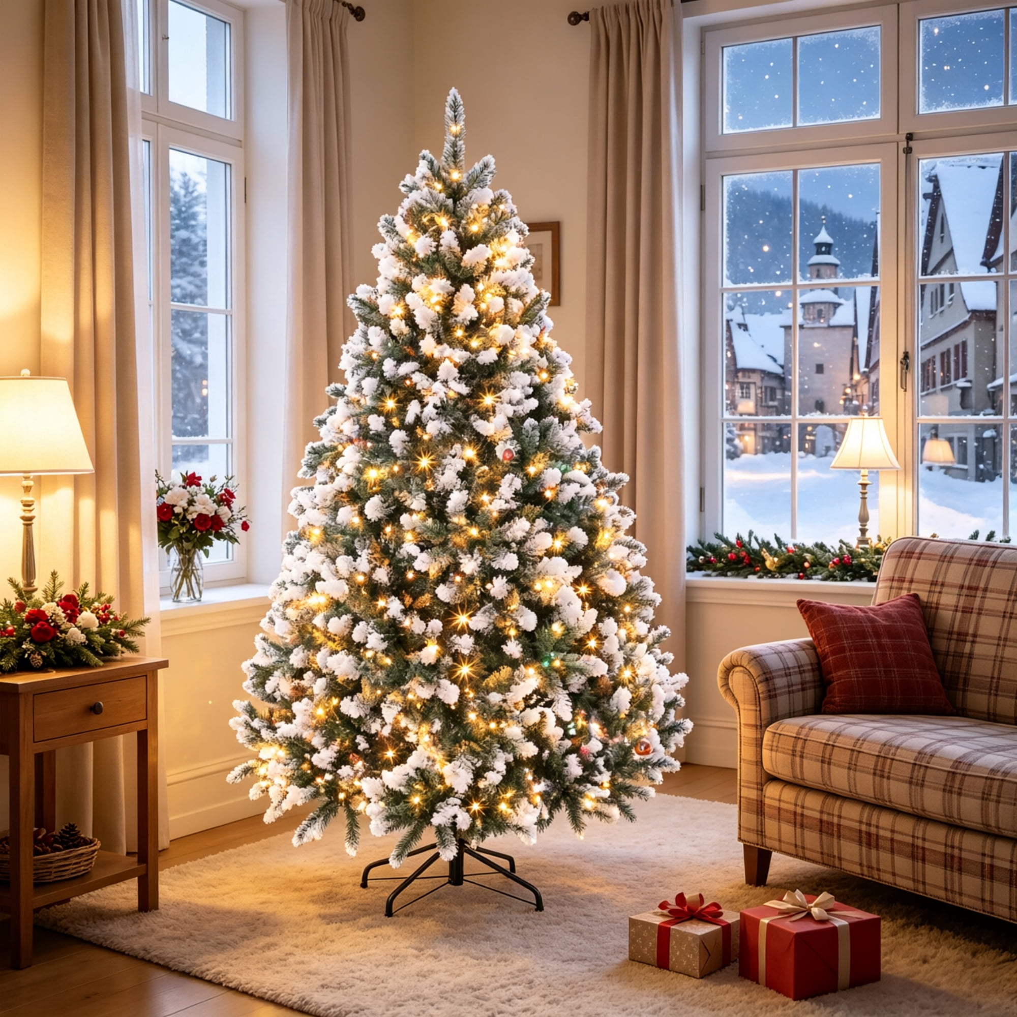 Pre-Lit Artificial Christmas Tree with Hinged Branches, 6 ft, 1020 PVC Tips, 350 Dual-Color LED Lights, Remote Control, Metal Base