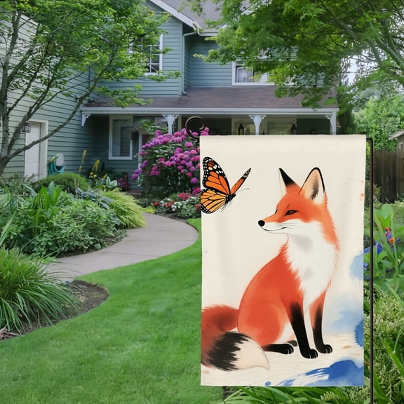 Spring Summer Garden Flag Double Sided Vintage Watercolor Butterfly Fox Welcome Yard House Outside Outdoor Decoration,12*18 inch