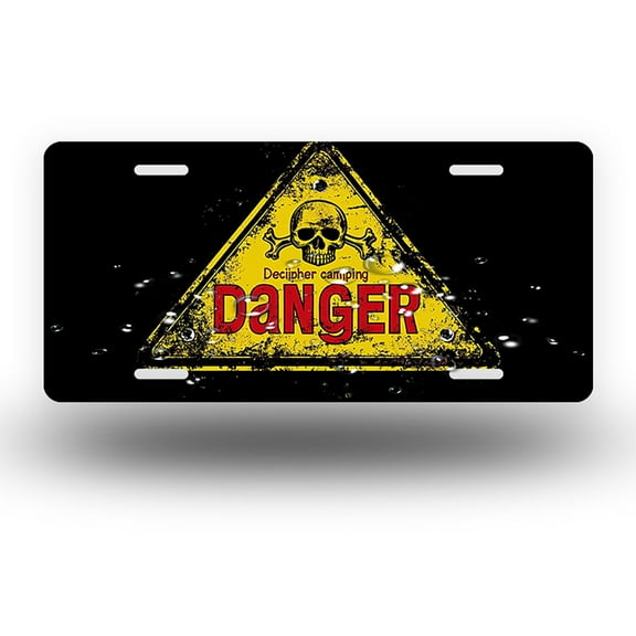 Weathered Danger Sign with Skull Front License Plate, Metal License Plate, Funny Standard Plates Personalized Novelty Decorative For Men/Women/Boys/Girls Car 6×12 Inch