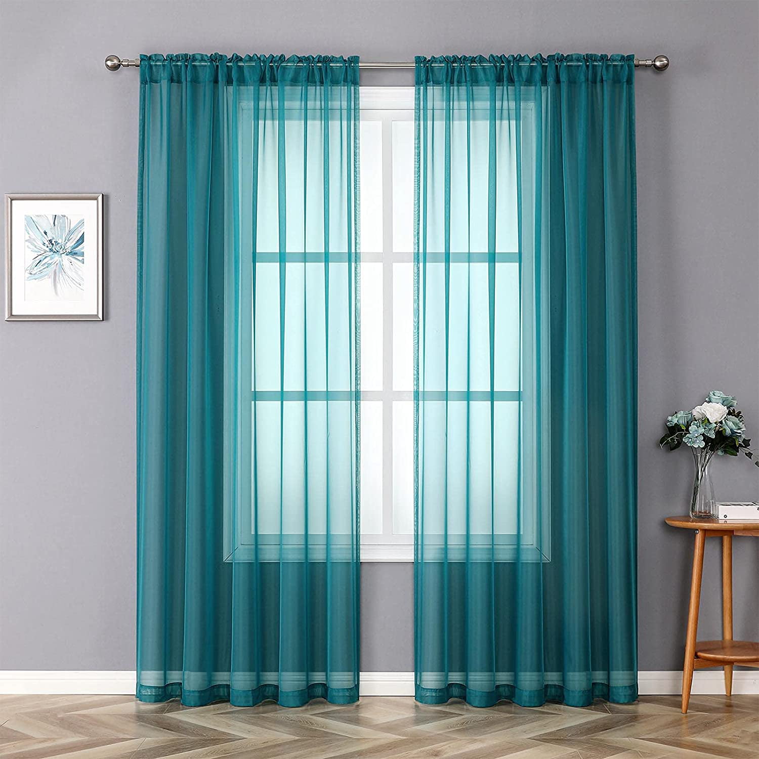 Lilac/Turquoise Luxurious Tight-Woven Elegant Sheer Rod Pocket Curtain Panels 