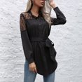 thumbnail image 3 of Blusa de longitud media perspectiva encaje cuello redondo botón cintura alta cinturón Top para mujer negro S, 3 of 6