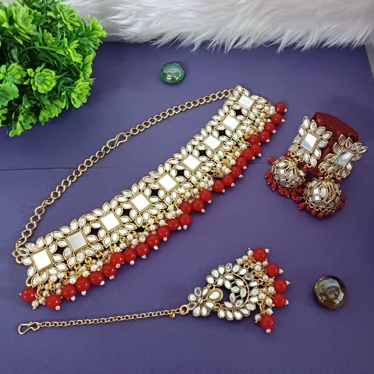 Efulgenz Indian Jewelry Set Crystal Choker Necklace Jhumka  display picture 3