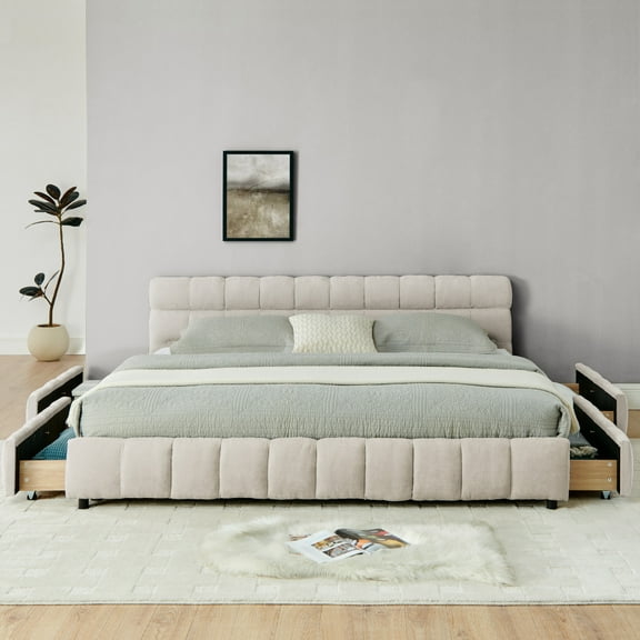 Hassch Platform Bed, King Size Modern Chenille Fabric Upholstered Grounded Bed Frame with Four Storage Drawers, Pink