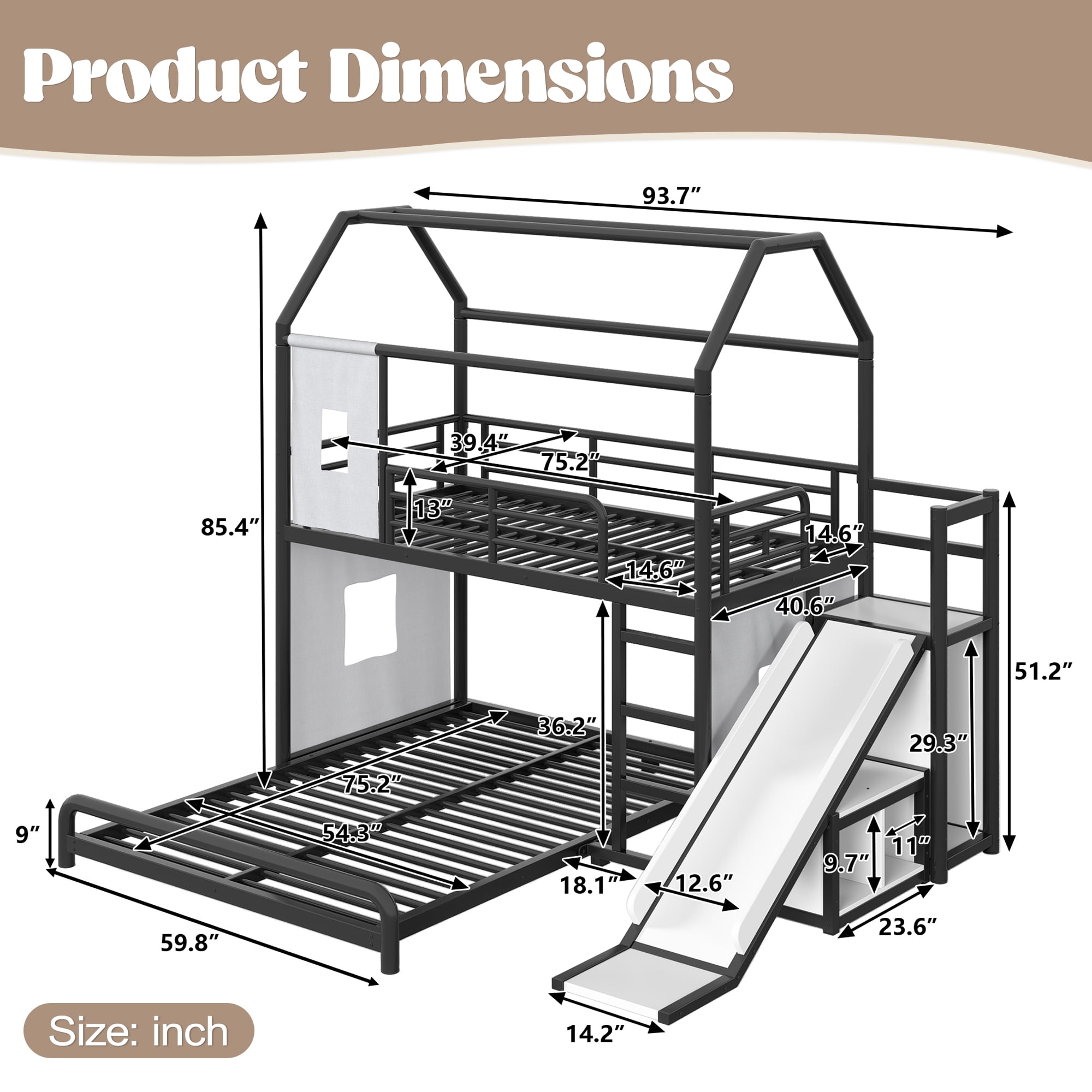 HOQBN Metal Bunk Bed Twin over Full,Playhouse Bunk Bed Frame with Slide & Ladder,LED Light Strip, Privacy Curtain, Movable Storage Cabinet and Hanging Rod,Black