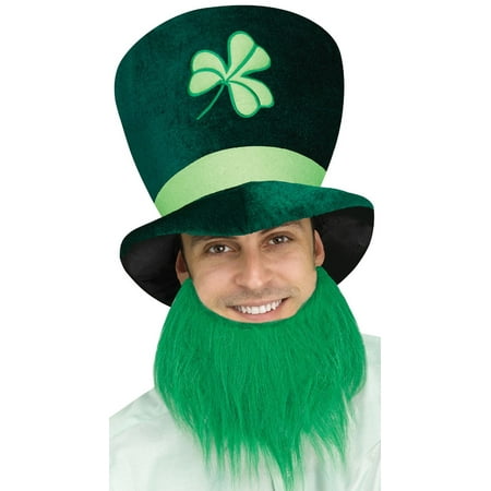Adults St. Patrick's Day Leprechaun Tall Hat With Dark Green Beard Accessory