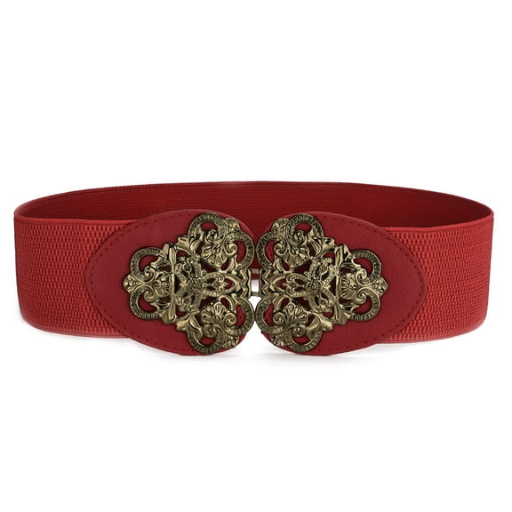 INSPIRE CHIC Women's Metal Symmetric Buckle Textured Elastic Cinch Belts Red One size