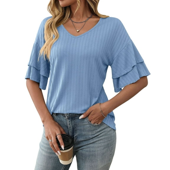 Womens V-Neck Tops Dressy Double Layer Bell Sleeve 3/4 Length Ruffle Sleeve T Shirts  Blue XL