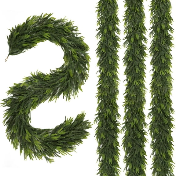 9FT Christmas Norfolk Pine Garland, Real Touch Pine Garlands Faux Greenery Garland Winter Christmas Garland for Table Mantle Holiday Indoor Outdoor Xmas Decorations (4 Pcs)