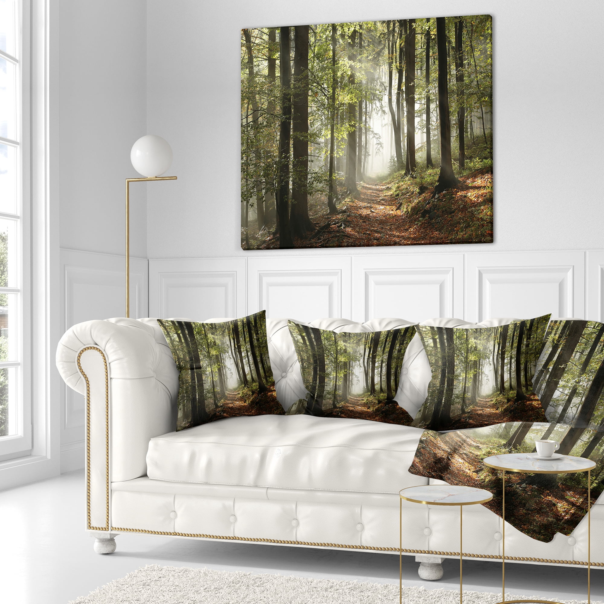 Designart Green Fall Forest with Sun Rays - Landscape Photography Throw Pillow - 18x18