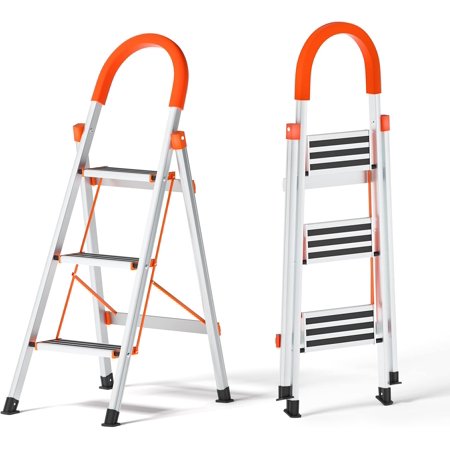 3 Step Folding Ladder Aluminum Lightweight Stool with Slip-Resistant Rungs Hand Grip Sturdy Reinforcement and Thickening for Home Kitchen 330lbs, White