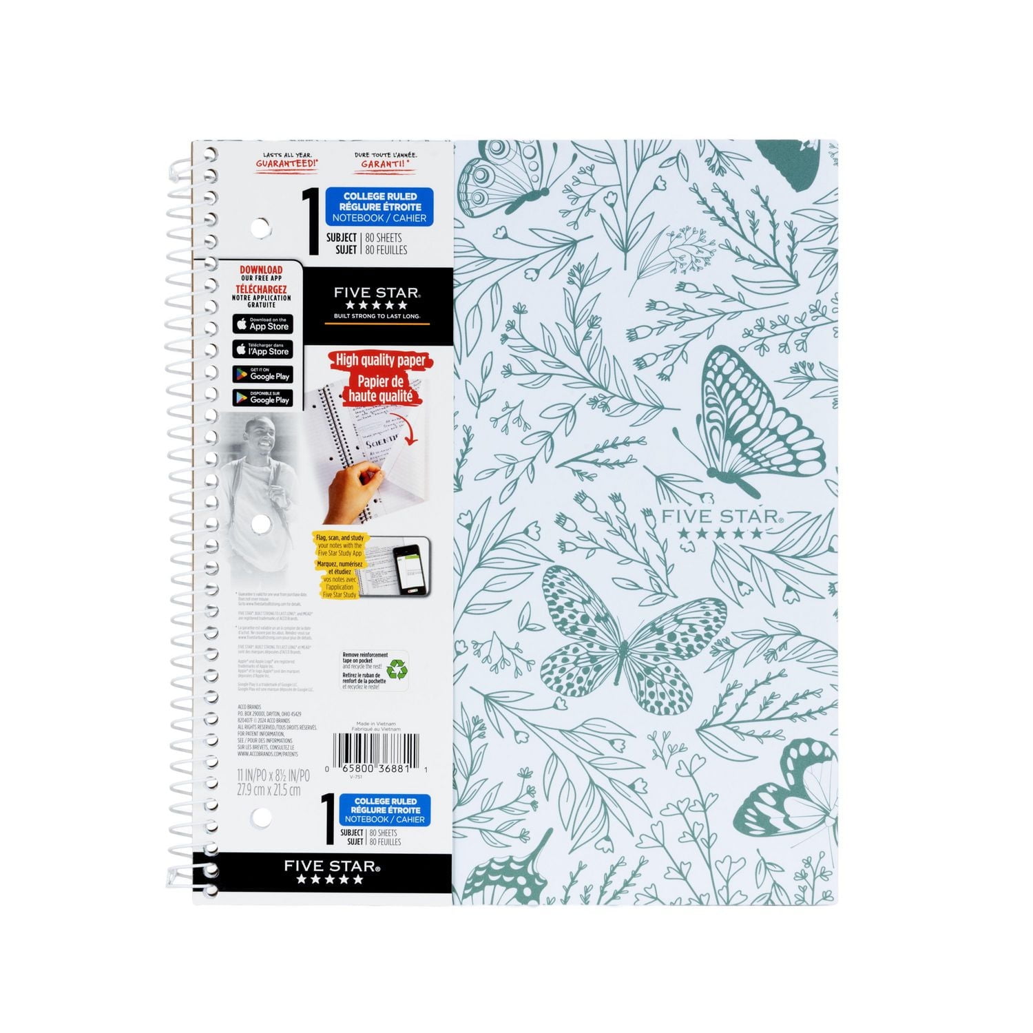 Five Star® 1 Subject Butterflies Notebook 11"x8.5" 160 Pages