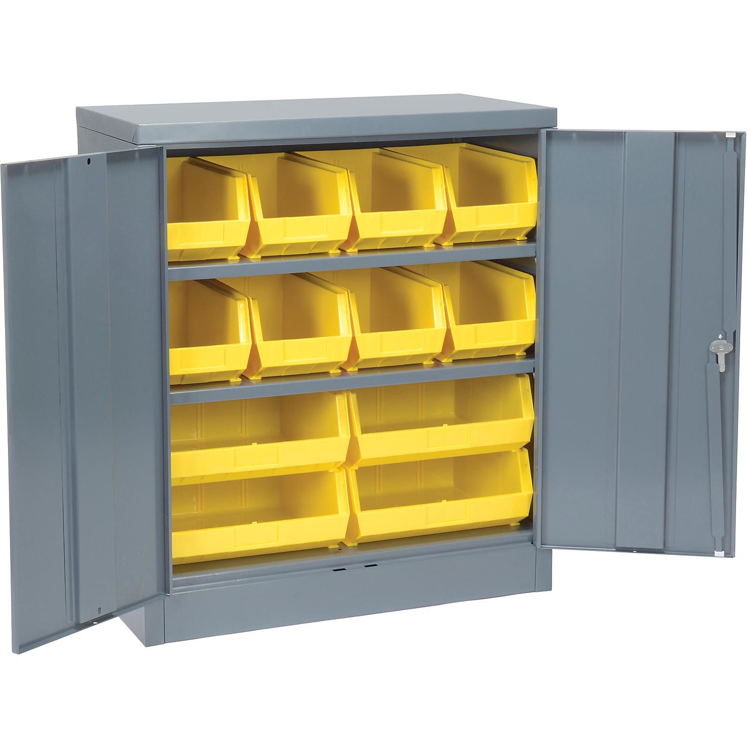 Locking Storage Cabinet With 12 Yellow Stacking Bins and 2 Shelves ...