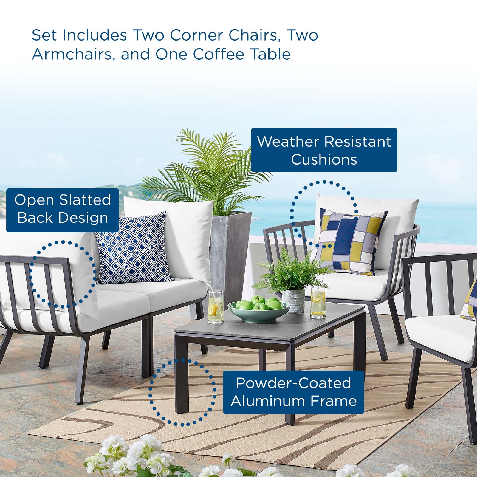 Lounge Sectional Sofa Chair Set, Aluminum, Metal, Steel, Grey Gray White, Modern Contemporary Urban Design, Outdoor Patio Balcony Cafe Bistro Garden Furniture Hotel Hospitality - image 5 of 10