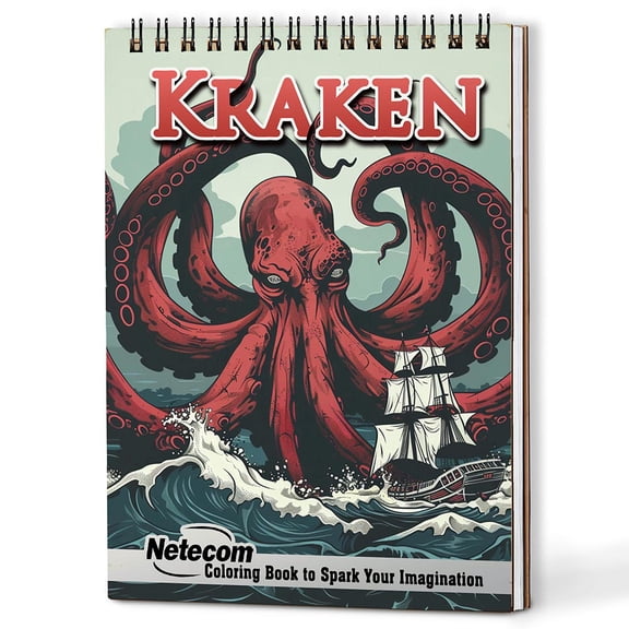 Netecom Kraken Coloring Book for All Ages, A5 Wooden Cover, 30 Awesome Coloring Pages of Mythical Sea Monsters for Stress Relief and Relaxation, Spiral Bound Edition