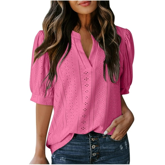 Yuyuzo Womens Dressy Casual Tops Crochet Puff Short Sleeve Sleeve Work Shirts V Neck Business Casual Top Blouses