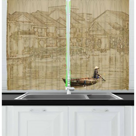 - Vintage Boat Curtains 2 Panels Set, Vietnam Scenery with A Traditional Ship Sailing on River Asian Culture View, Window Drapes for Living Room Bedroom, 55W X 39L Inches, Sepia Beige, by Ambesonne