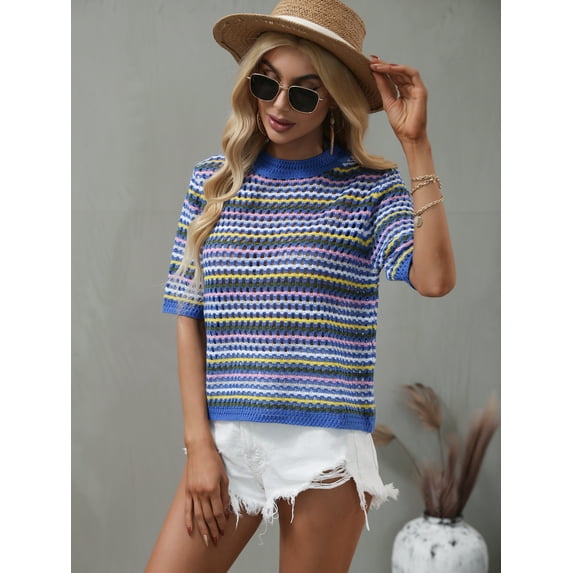Round Neck Multicolor Striped Eyelet Knit Summer Blouse for Women