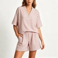 thumbnail image 4 of Cagogo Women Plus Size Striped 2 Piece Set V Neck Short Sleeve Blouse Shorts Casual Loose Boho Vacation Outfits Summer Cruise Travel Matching Lounge Clothes, Pink S, 4 of 6