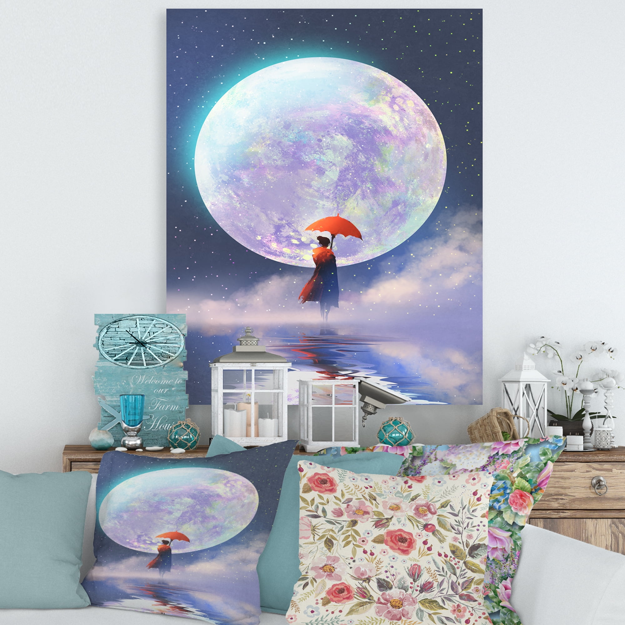 Designart ' Girl With Umbrella Standing On Water Against Moon ' Traditional Canvas Wall Art Print