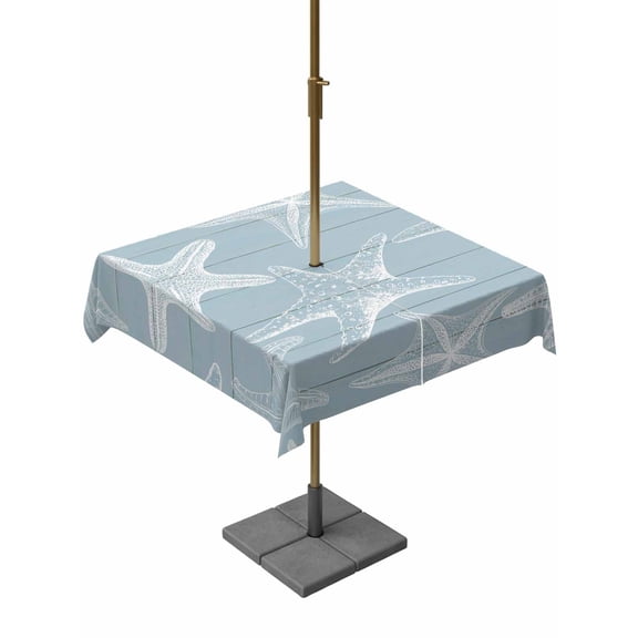 Outdoor Tablecloth with Umbrella Hole for Patio/Picnic/Party/Camping, Blue White Starfish Waterproof Table Cloth Square Cover Washable, Coastal Ocean Summer Sea Nautical (60"x 60")
