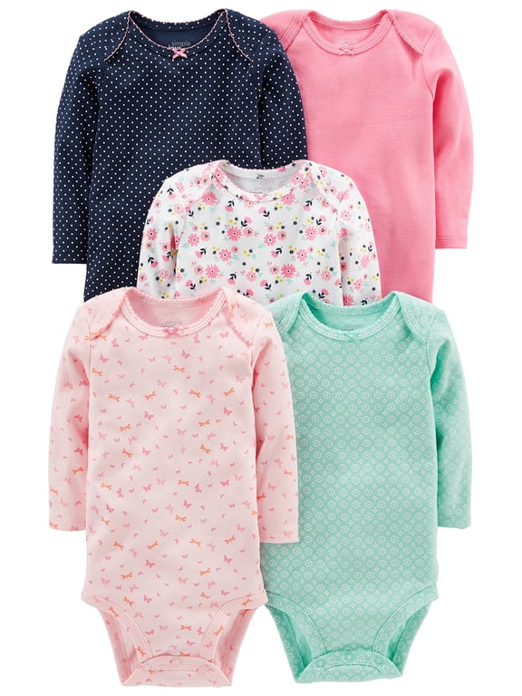 Simple Joys by Carter's Baby Girls' 5-Pack Long-Sleeve Bodysuit, Pink/Navy/Mint, 18 Months