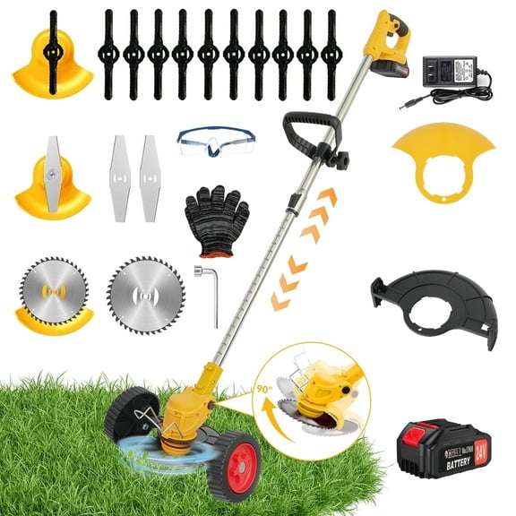 24V 3-in-1 Cordless Weed Wacker with Wheels, Cordless Grass Trimmer with 1*2000mAh Battery Powered Lawn Garden Tool